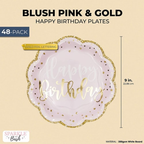 Pink Happy Birthday Party Plates With Gold Glitter Edges In Pack