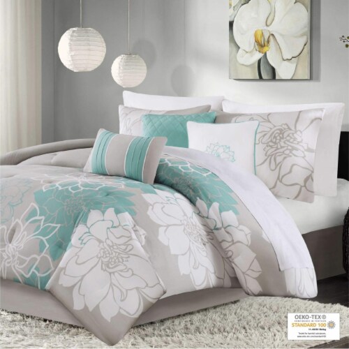 Madison Park MP10 2640 Lola 7 Piece Print Comforter Set King Aqua