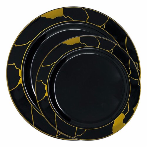 Black With Gold Marble Disposable Plastic Dinnerware Value Set