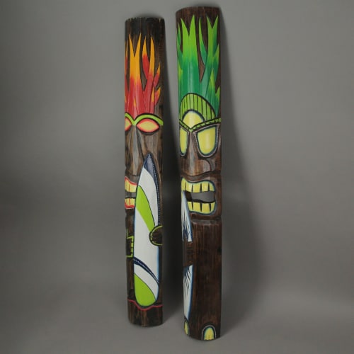 Elemental Fire And Earth Hand Crafted Wooden Surfer Tiki Wall Masks