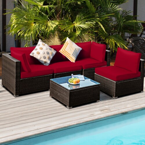 Gymax Pcs Rattan Patio Conversation Set Sofa Furniture Set W Red