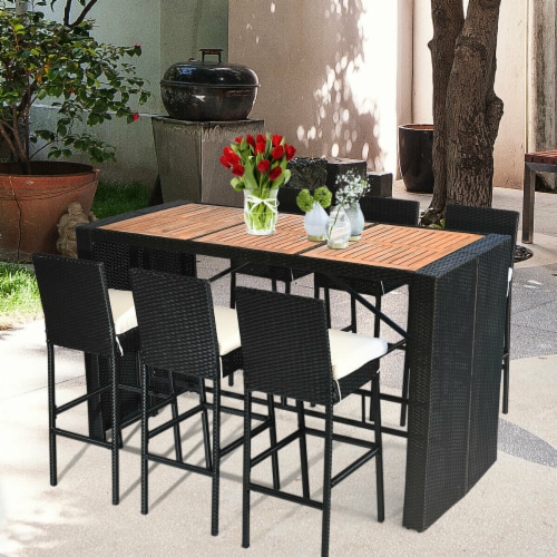 Costway Pcs Patio Rattan Wicker Bar Dining Furniture Set Wood Table