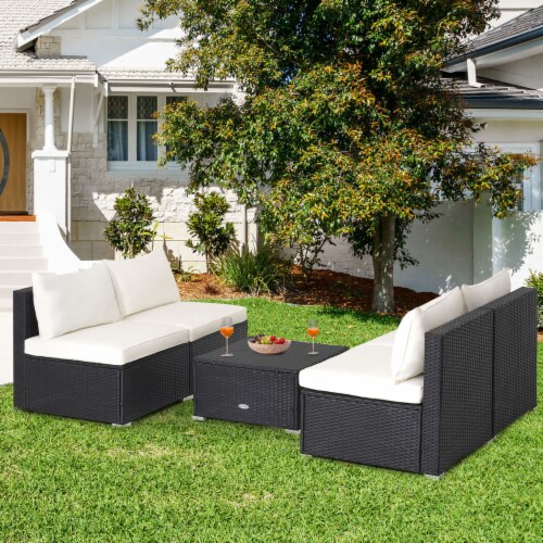 5PCS Patio Outdoor Rattan Sofa Conversation Set W Seat Back Cushions