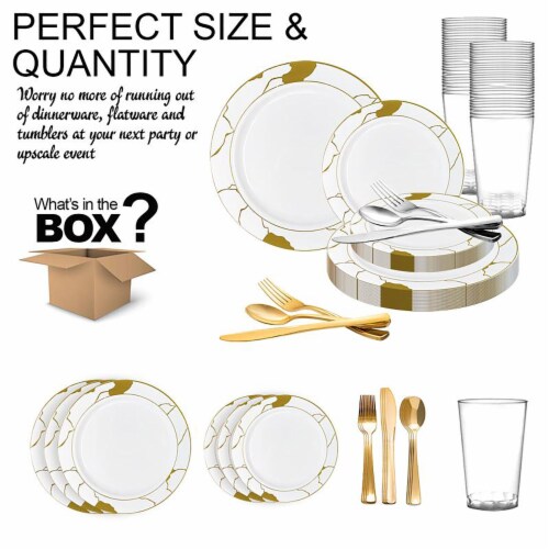 White With Gold Marble Disposable Plastic Wedding Value Set