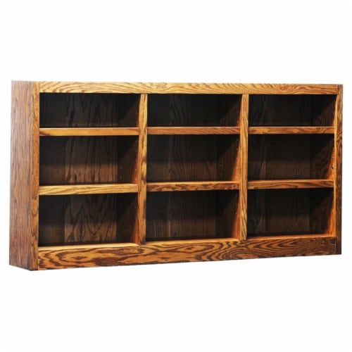 Traditional Tall Shelf Triple Wide Wood Bookcase In Dry Oak