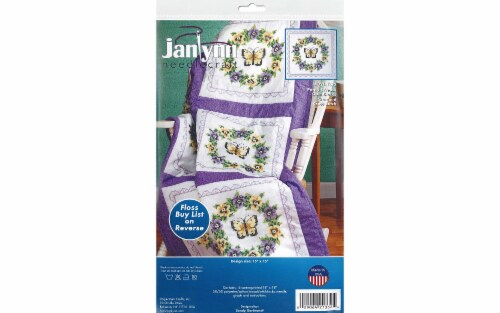 Janlynn Stamped Cross Stitch Quilt Blocks 18 X18 6 Pkg Pansy Wreath 1