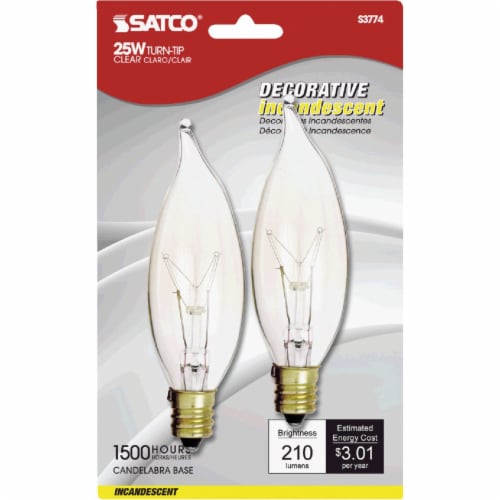 Satco 25W Clear Candelabra CA8 Incandescent Turn Tip Light Bulb 2 Pack