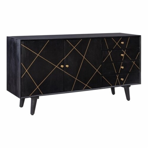 Linon Alivia Solid Mango Wood Console In Black With Gold Lines