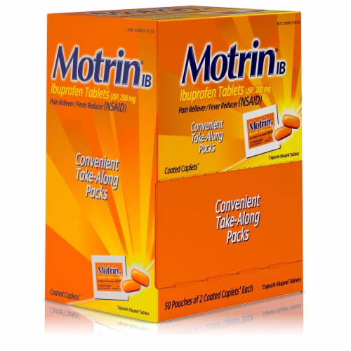 Motrin IB Ibuprofen 200mg Tablets For Pain Fever 50 Packs Of 2 Ct