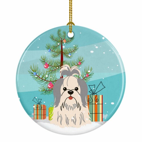 Caroline Smerry Christmas Tree Shih Tzu Silver White Ceramic Ornament