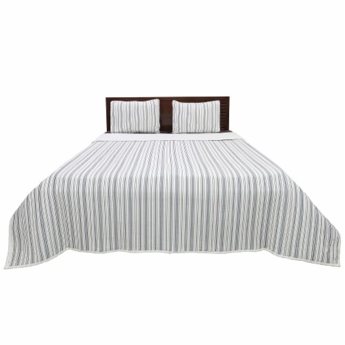 Ticking Stripe Ivory And Blue Cotton King Quilt Set Qfc