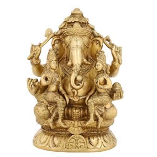 Lord Ganesha With Riddhi Siddhi Brass Statue Large Religious Dcor