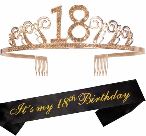 MEANT2TOBE 18th Birthday Sash Tiara Set Gold Glitter Sash