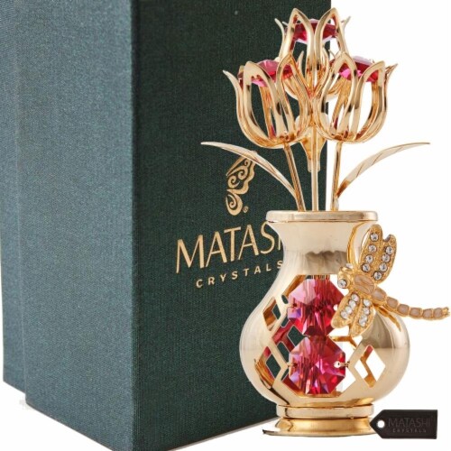 Matashi 24K Gold Plated Flower Ornament In Vase W Decorative Dragonfly