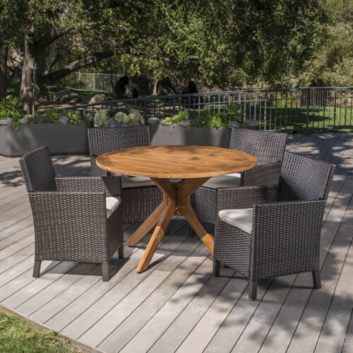 Orwel Outdoor 5 Piece Multi Brown Wicker Dining Set With Teak Finish