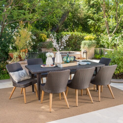 Jamey Outdoor Piece Multi Brown Wicker Dining Set With Wood Finished