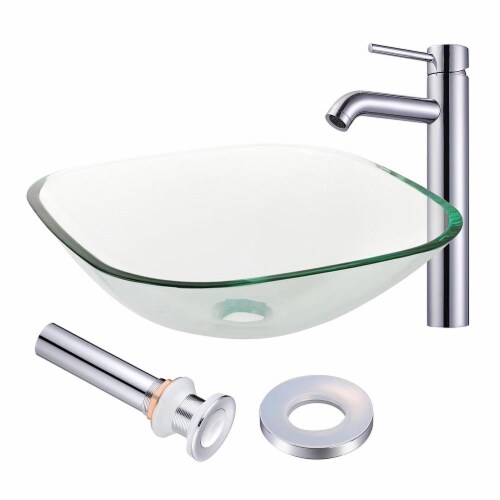 Aquaterior Tempered Glass Bathroom Vanity Sink Chrome Faucet Pop Up