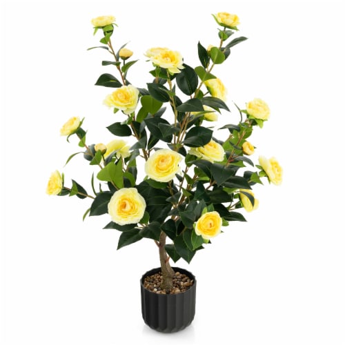 38 Inch Artificial Camellia Tree Faux Flower Plant In Cement Pot 1