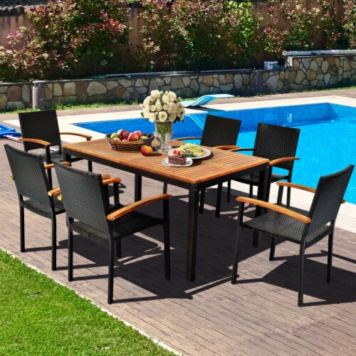 Gymax Pcs Rattan Dining Set Stack Chair Acacia Wood Table Top Umbrella