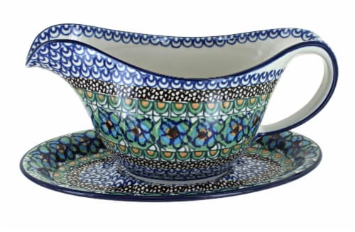 Blue Rose Polish Pottery Mardi Gras Gravy Boat Plate Kroger