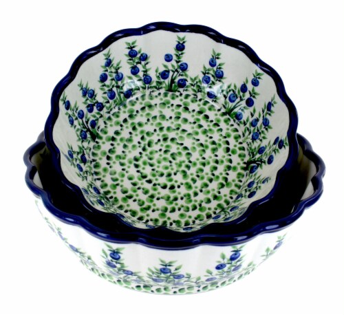 Blue Rose Polish Pottery Porcelain Vine Scallop Serving Bowl Set 1