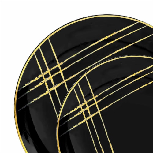 Black With Gold Brushstroke Round Disposable Plastic Dinnerware Value