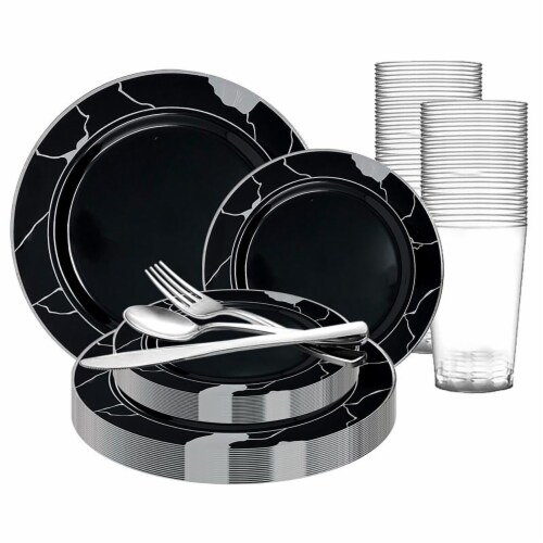 Black With Silver Marble Disposable Plastic Wedding Value Set