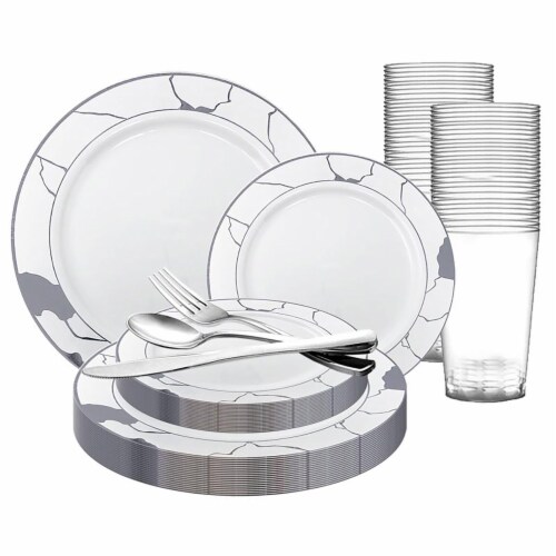 White With Silver Marble Disposable Plastic Wedding Value Set