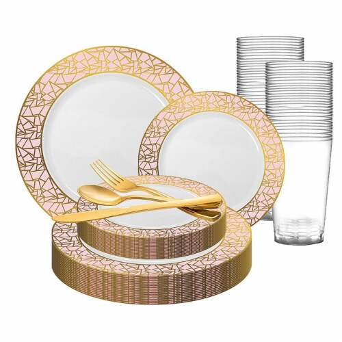 White With Pink And Gold Mosaic Rim Round Plastic Wedding Value Set