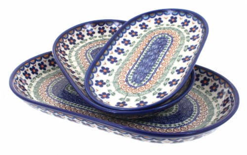 Blue Rose Polish Pottery Aztec Flower 3 Piece Oval Server Set 1 Kroger