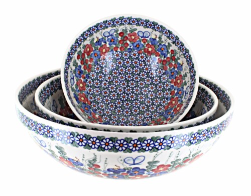 Blue Rose Polish Pottery Garden Butterfly 3 Piece Serving Bowl Set 1 QFC