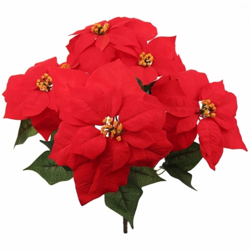 Artificial Red Poinsettia Bush Velvet Heads Weatherproof