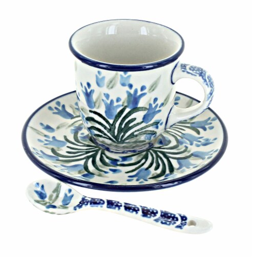 Blue Rose Polish Pottery Tulip Bouquet Espresso Cup Saucer With Spoon