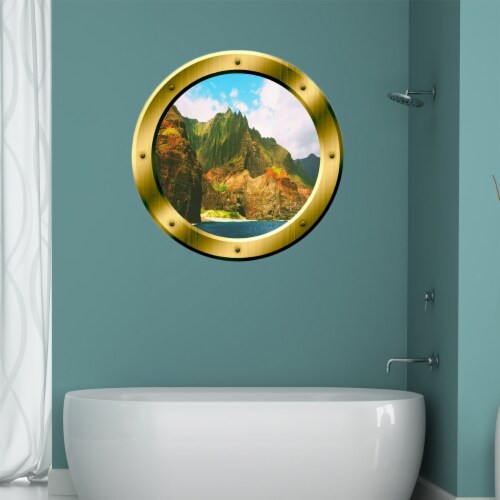 Vwaq Ocean Mountain View Gold Porthole Peel And Stick Vinyl Wall Decal