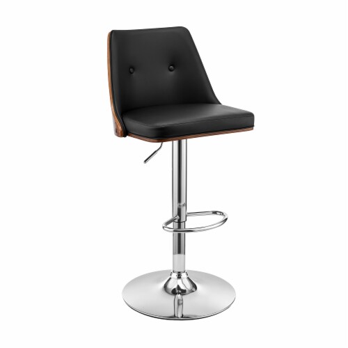 Adjustable Swivel Black Faux Leather And Walnut Wood Bar Stool With