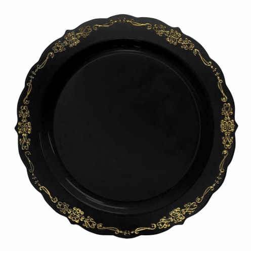 Black With Gold Vintage Rim Round Disposable Plastic Dinner Plates