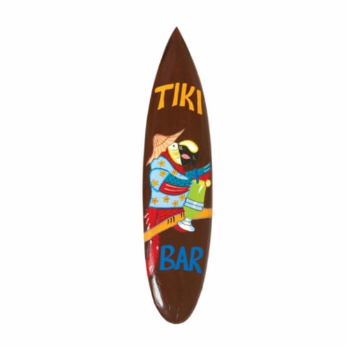 Hand Painted Acacia Wood Parrot Tiki Bar Surfboard Wall Sign Unit