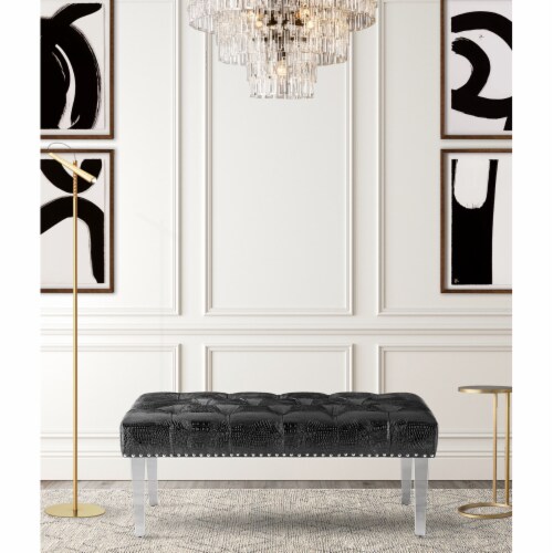 Iconic Home Teresa Bench Tufted Faux Leather Upholstered Acrylic Legs