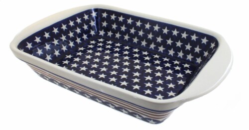 Blue Rose Polish Pottery Stars Stripes Large Rectangular Baker With