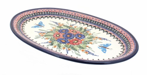 Blue Rose Polish Pottery Floral Butterfly Large Oval Platter 1 King