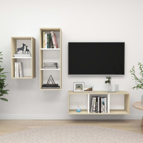 Vidaxl Piece Tv Stand Set White And Sonoma Oak Engineered Wood