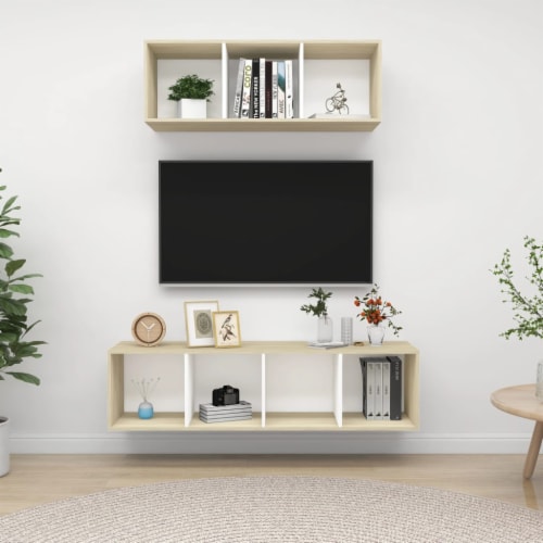 Vidaxl Piece Tv Stand Set White And Sonoma Oak Engineered Wood