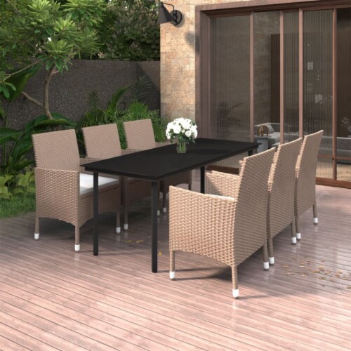 VidaXL 7 Piece Patio Dining Set With Cushions Poly Rattan And Glass 78