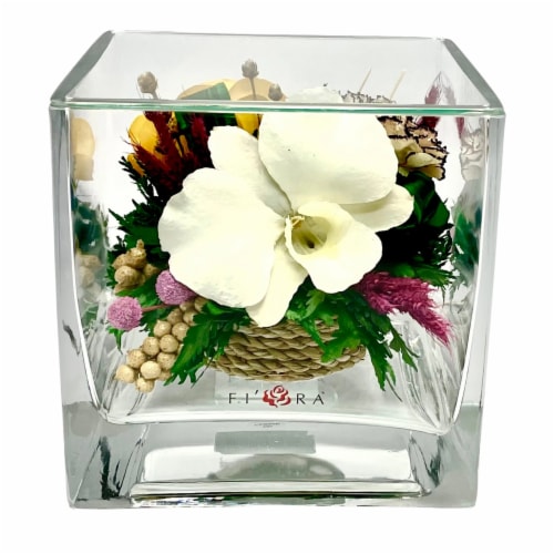 Fiora Flower Long Lasting Yellow Rose And White Orchid In A Cube Glass