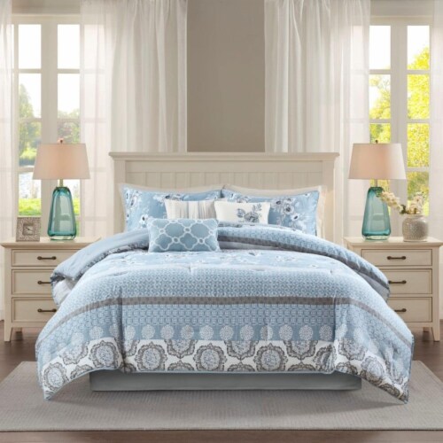 Madison Park Cotton Sateen Printed Piece Comforter Set With Blue Mp