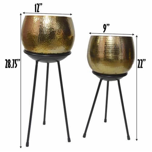 Set Of 2 Gold Hammered Metal Floor Flower Planter Holder With Black