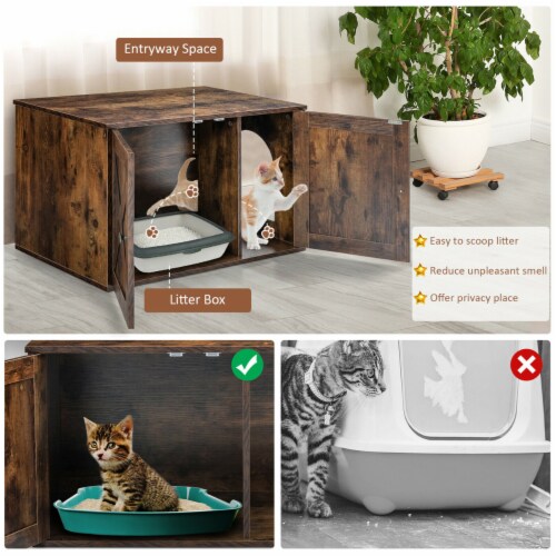 Wooden Cat Litter Box Enclosure Hidden Cabinet Furniture W Divider Pet