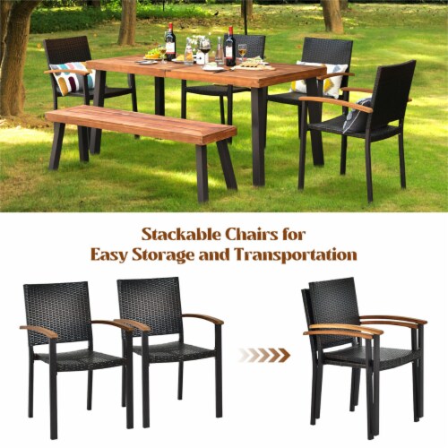 Gymax Pcs Patio Rattan Dining Set Chairs Stack Acacia Wood Bench Table