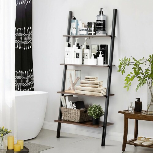 Industrial Ladder Shelf 4 Tier Leaning Wall Bookcase Plant Stand Rustic