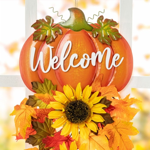 Glitzhome Inch Tall Fall Metal Pumpkin Sunflower Swag Wall Decor